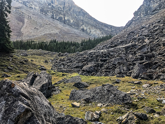 Our goat traverse at upper right as we descend into the valley.