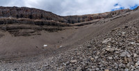Looking MUCH closer than it is, the upper SE ridge is hundreds of vertical meters of loose scree (R)