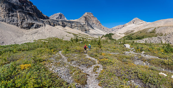 Hiking towards the "Crown Jewel" waterfalls at center left. They don't look very friendly.