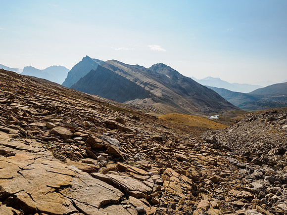 Views back to Whiskey Papa and Molar Mountain from the south rubble slopes of Minnow Peak.