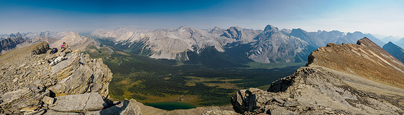 Views over the Pipestone River valley from Willingdon (L) to Cataract and Mount Drummond (R).