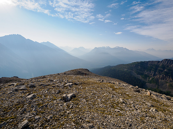 Ascending the south ridge of Whiskey Papa, views back down the Pipestone River valley.