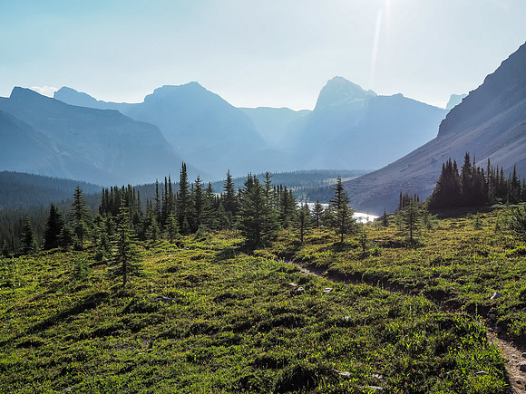 Cataract is a distant giant in the haze as we gain height back above Fish Lakes.