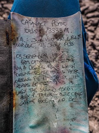 An old register with few entries. First ascent in 1930, second in 1988!