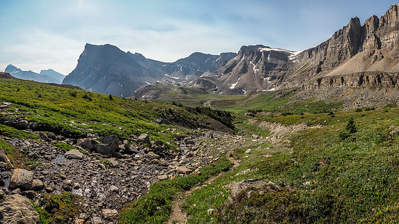 The trail continues to wind it's way down valley - Fish Lakes still out of sight at lower left here with Minnow Peak rising at left above them.