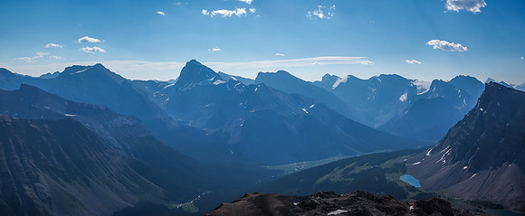 Too bad about the haze, but from L to R, Little Cataract, "Big" Cataract, McConnell and Mount Drummond. Lower Fish Lakes visible too with Minnow Peak at far right.