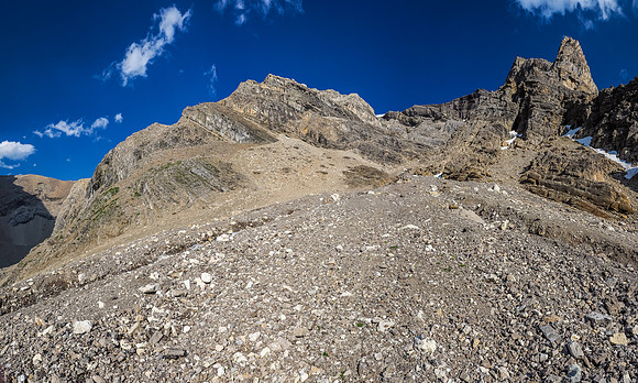 Looking back up at the foreshortened lower ascent slopes from near the bottom of the approach gully.