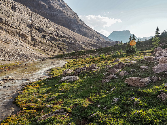 Late evening soft light as we approach our bivy site.