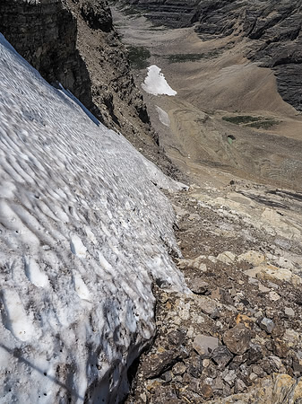 Looking down a convenient snow patch in the lower gully.