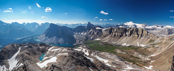 Great views over the Fish Lakes towards Mount Drummond at left, Molar at center and Mount Hector and Andromache at right.