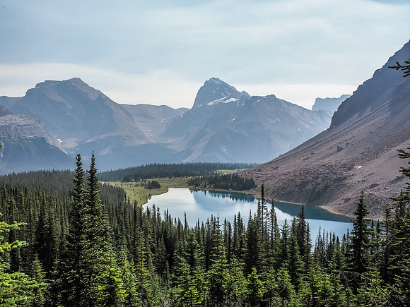 Little (L) and "Big" Cataract Peak rise across the Pipestone River Valley and over the larger of the Fish Lakes.