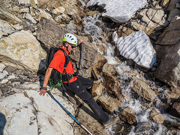 Some awkward moves to get into and across the slabby watercourse.