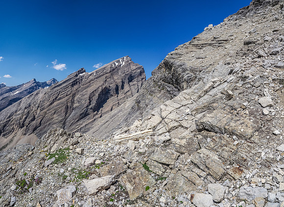 Looking up the blocky ramp - note the boulders at upper right on the skyline and the exposure down to the left.