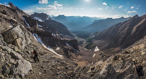 Descending carefully past the large, light colored boulders. Lots of runout exposure below us here.