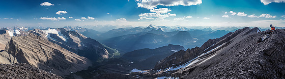 The Drummond Icefield and Mount Drummond at left and Mount Hector and Molar Mountain at right with the Pipestone River Valley running out at center bottom.