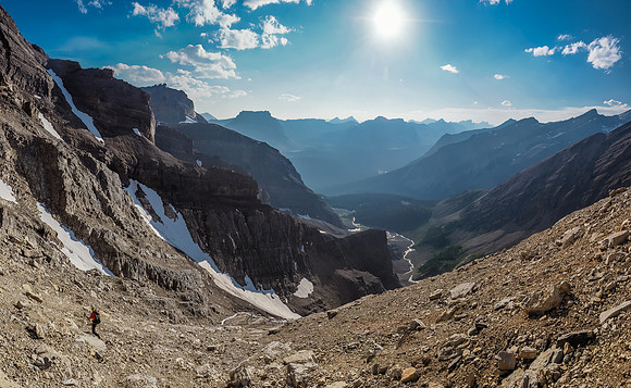 Back on ledges / scree above the slabby watercourse.
