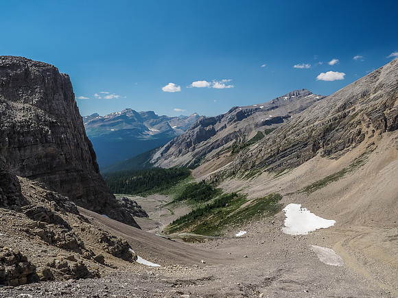 Looking back over our bivy and approach valley from the lower scree gully.