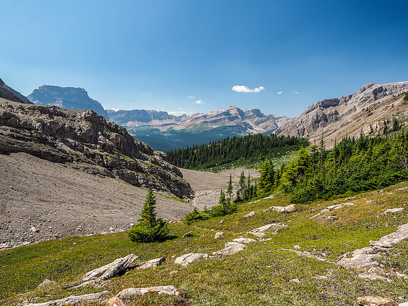 The views back down valley over the Pipestone and towards a now very distant Molarstone from our bivy spot.