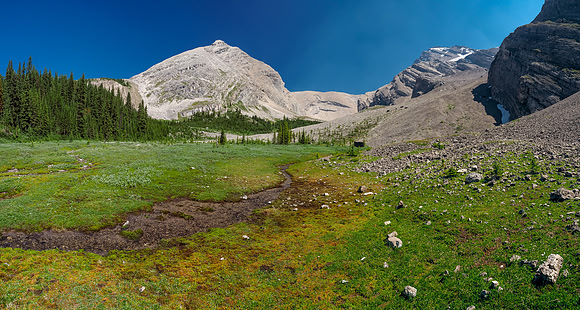 Continuing on towards our bivy site - we almost camped here but the ground was too wet. Little Cataract at center.