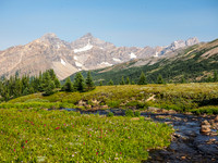 Mosquito Creek flows out of it's headwaters tarn in this view looking back towards OXO Mountain.