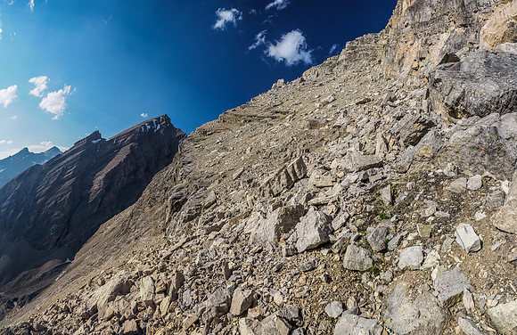 Glancing back up the scree / boulder traverse - note the large boulders at center.
