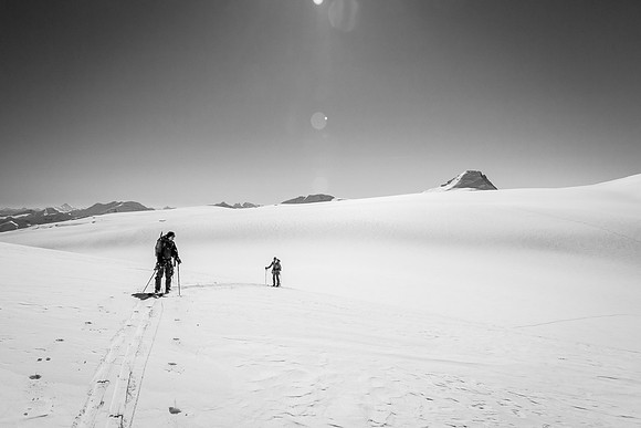 Back on the skis. You can just spot our track curving down to the right - camp is just out of sight here.