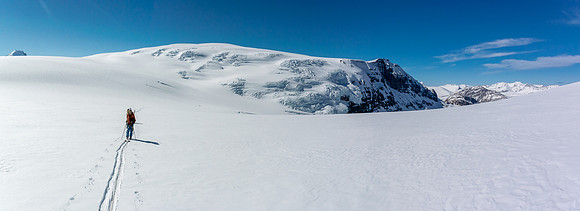 Looking back at camp - barely visible at center - Mount Columbia at distant left and Snow Dome rising at center.