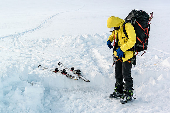 Steven prepares to exit the glacier from camp.