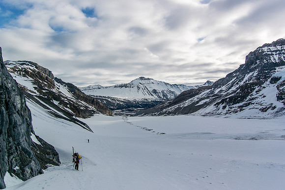 Through the worst of the icefall and bootpacking down some steep rolls to the glacier below.