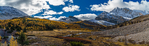 The larch forest under Deception and Packer's Pass comes into view with Packer's Pass Peak at center.