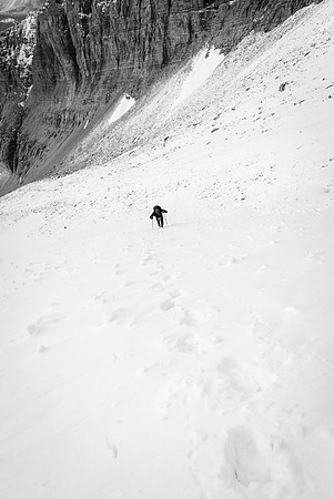 We started kicking steps up snow about half way up the gully.