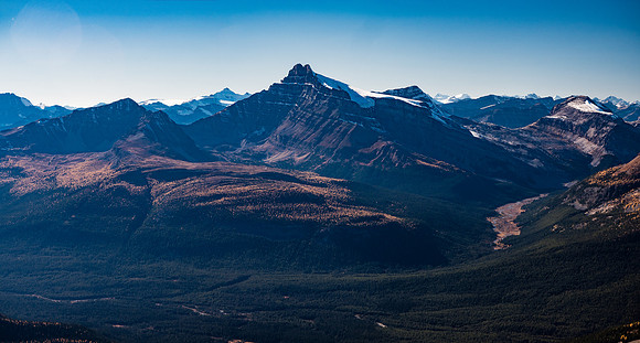 A slightly wider view of Mount Hector with Hector South at left and Andromache at right. Note the forest of larches on it's south side, looking like flecks of gold in the late day shadows.