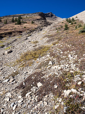 Looking back up our easy and fast descent gully with our ascent ridge at left here.