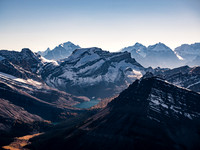 Stunning late day views over Merlin Lake towards Pika (L), Temple, Richardson, Hungabee and Lefroy.