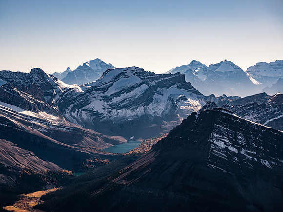 Stunning late day views over Merlin Lake towards Pika (L), Temple, Richardson, Hungabee and Lefroy.