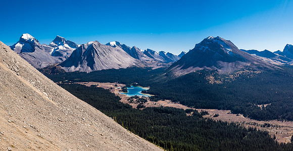 The views are not horrible as we grind our way upward! Mounts Douglas and St. Bride at left with Oyster, Lychnis, Tilted and Skoki to their right.