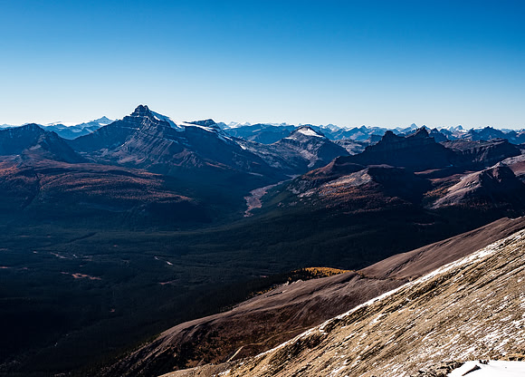 Looking north up the Molar Creek Valley between Mount Hector (L) and Molar Mountain (R) towards Andromache (C).