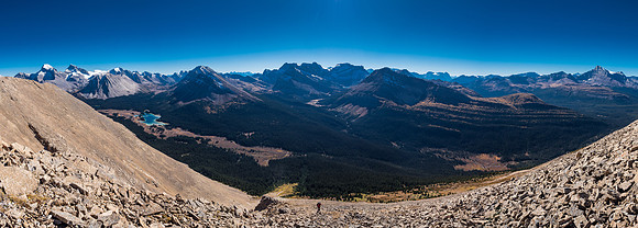 Looking south (L) west (C) and north (R) off the ascent slopes from Douglas at left to the Ptarmigan group at center to Mount Hector at far right.