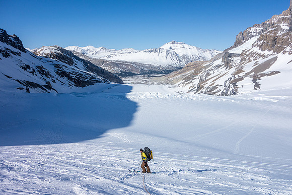 Skiing down, roped, is a PITA but it's necessary when the conditions are thin or dicey.