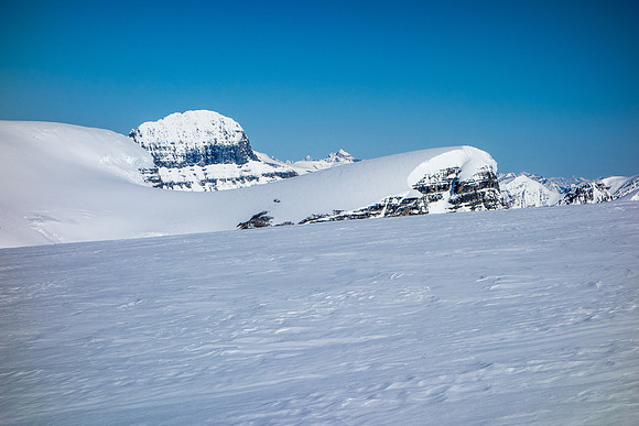 Mount Alberta shows up over the Stuts as I ski down Kitchener.