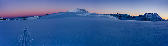 Sunset panorama from camp looking south and east. Castleguard in the middle and Mount Bryce on the right.