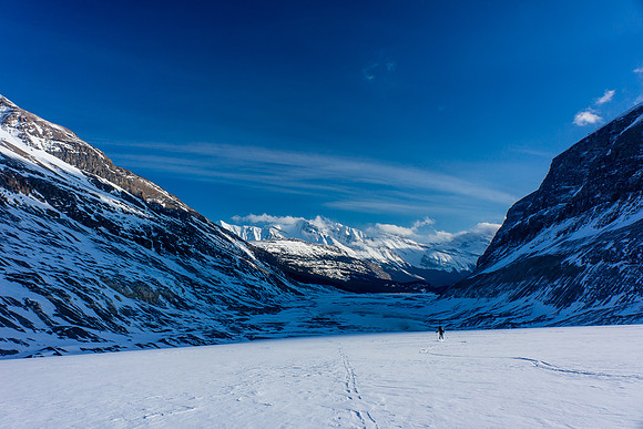 Skiing down the Saskatchewan Glacier.