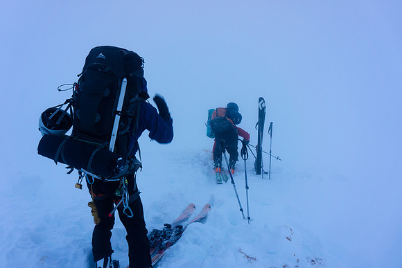 Leaving camp in a whiteout.