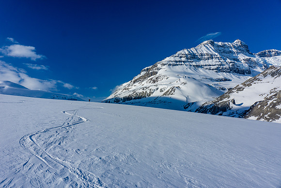 A rare section of the Saskatchewan Glacier that was steep enough to do turns on!