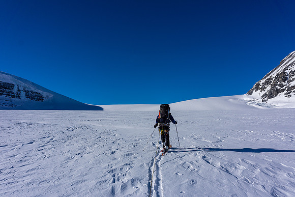 Skiing up the Saskatchewan Glacier.