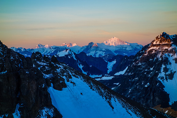 The mighty Mount Clemenceau rises in the morning sun with Mount Shackleton to the left.