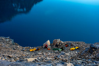Looking at our bivy from above. I put rocks around mine (left) because of the 40 foot drop to the lake right by it!