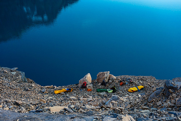 Looking at our bivy from above. I put rocks around mine (left) because of the 40 foot drop to the lake right by it!