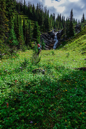 A small waterfall along the way to the alpine meadows above the fifth lake.