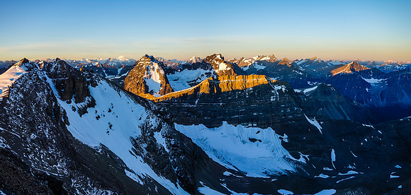 Gorgeous sunrise on 9900' peak, Mounts Belanger and Lapensee with Fat Bastard in front.